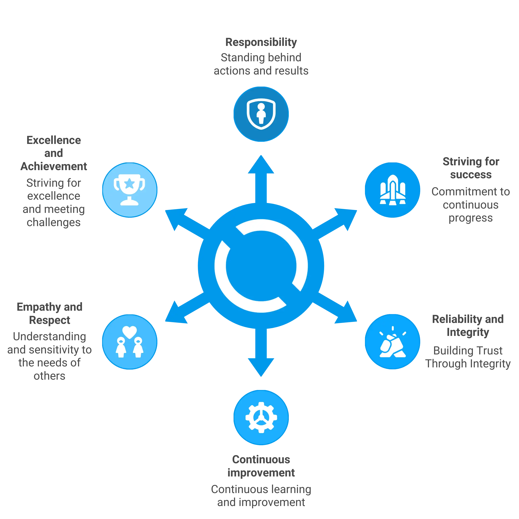 Diagram illustrating organizational values with icons and text in a circular layout.