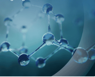 Molecular structure of a chemical compound on a blue background.